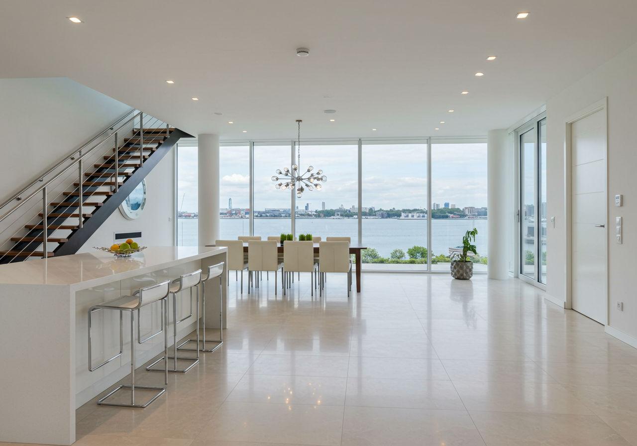 Modern interior looking out to water views in Long Beach's Naples Island