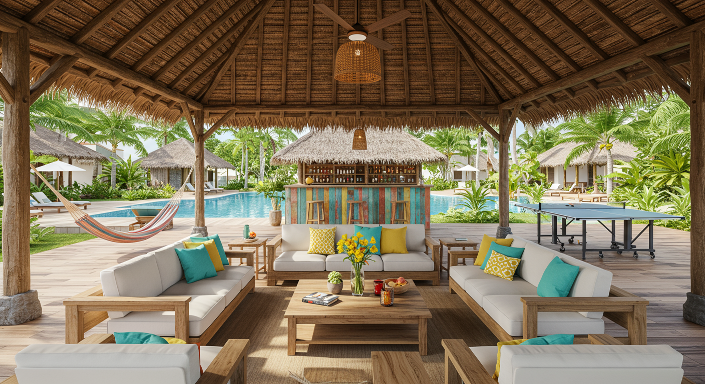 Covered outdoor living space with a gray sofa and a large swimming pool.