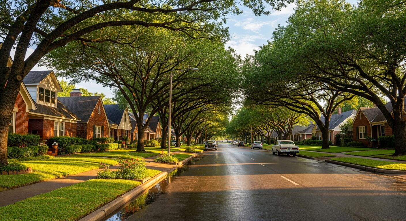 Tree-lined residential street in Greater Waco at golden hour