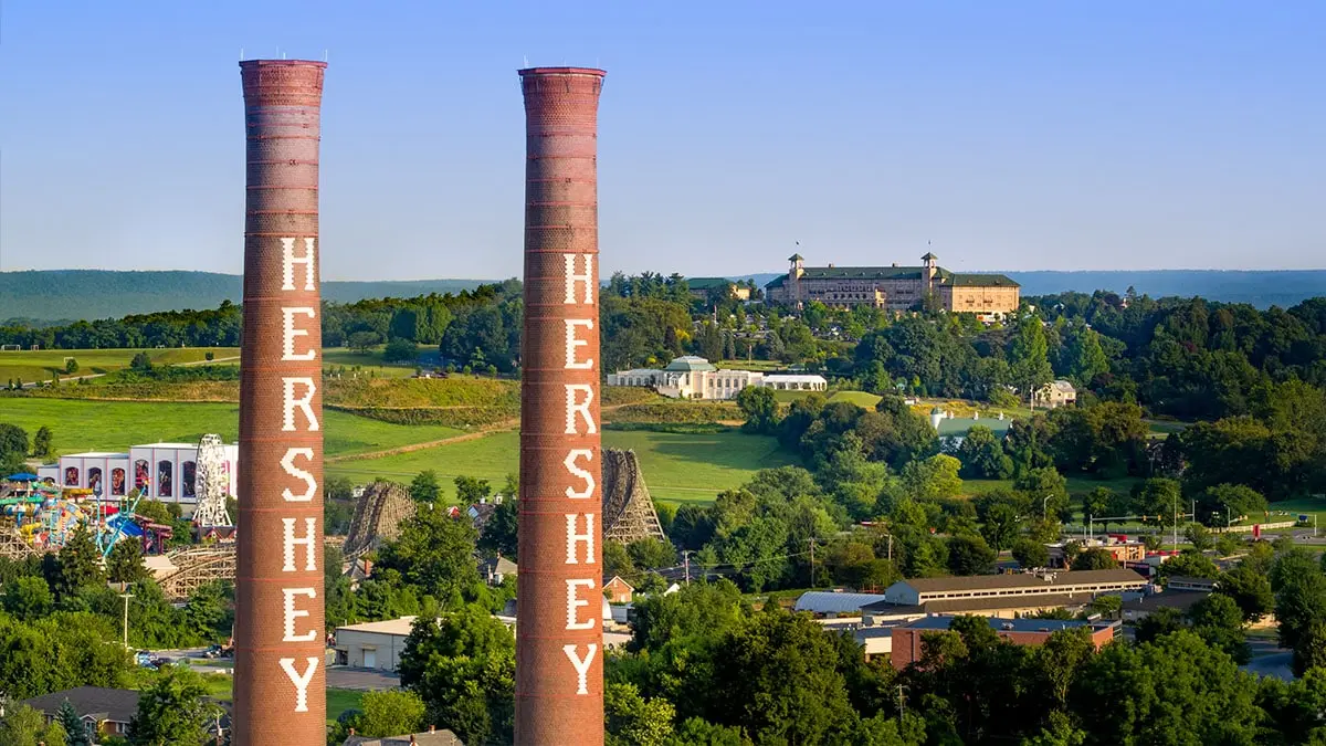 Hershey smokestacks overlooking Hersheypark