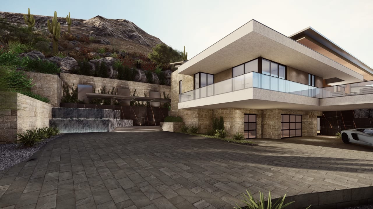 Modern home made of wood, concrete and glass on hillside lot