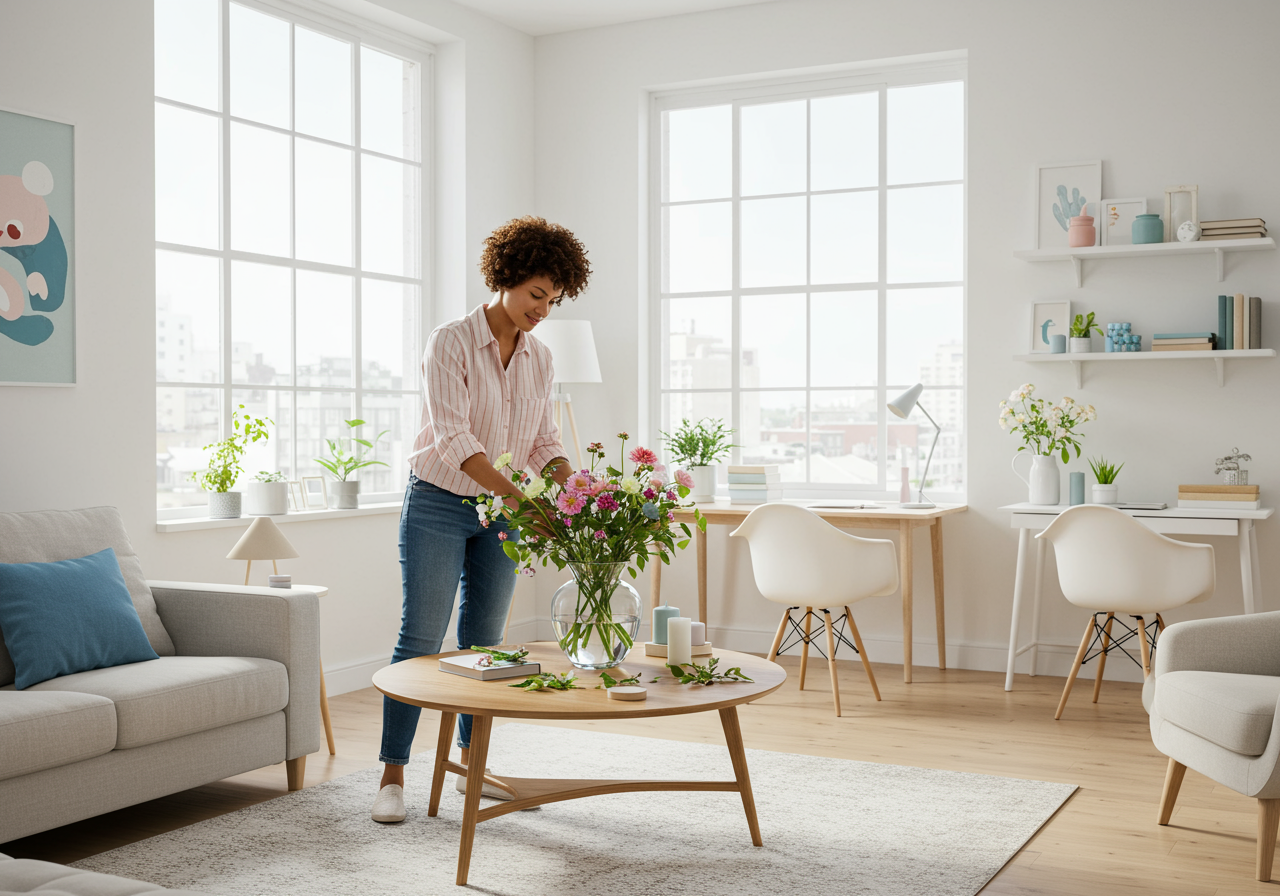 Woman arranging fresh flowers in a vase to brighten the living space for spring.