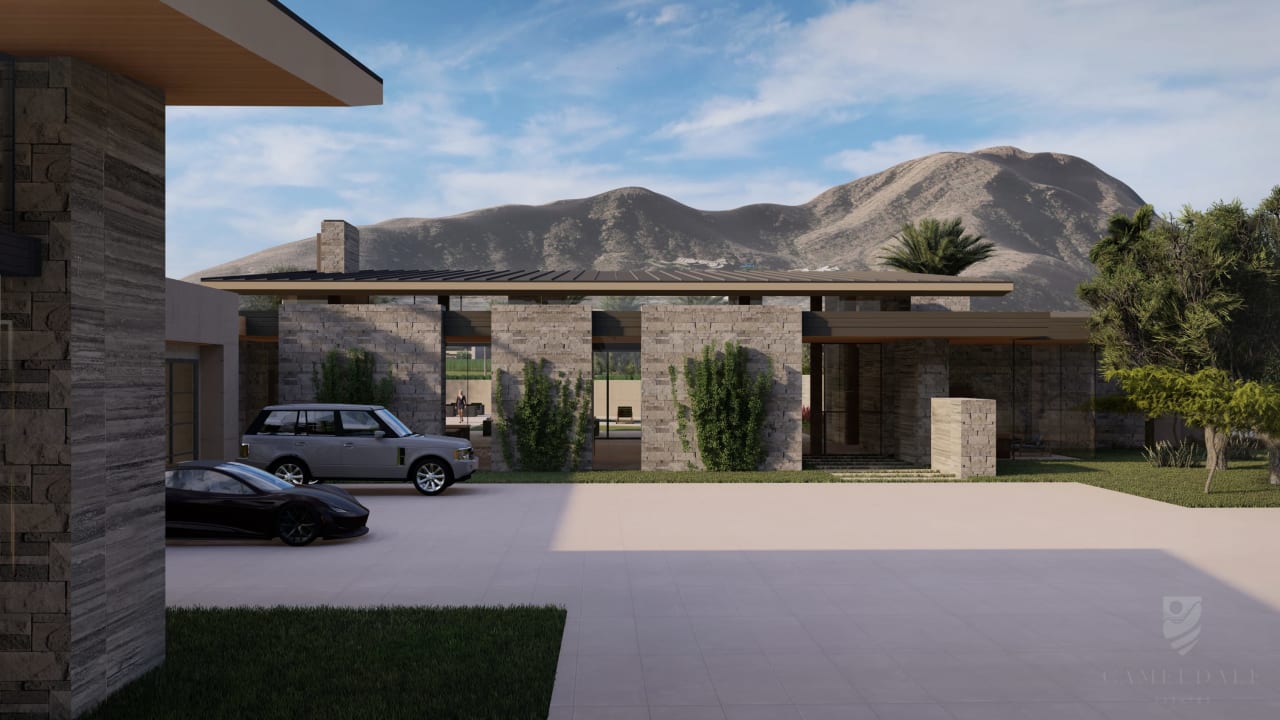 Motor court of modern estate with mountain views