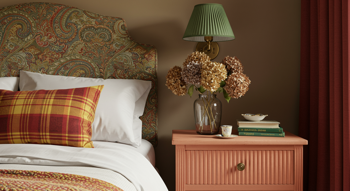 Bedroom with caramel color wall, red nightstand and luxury bed