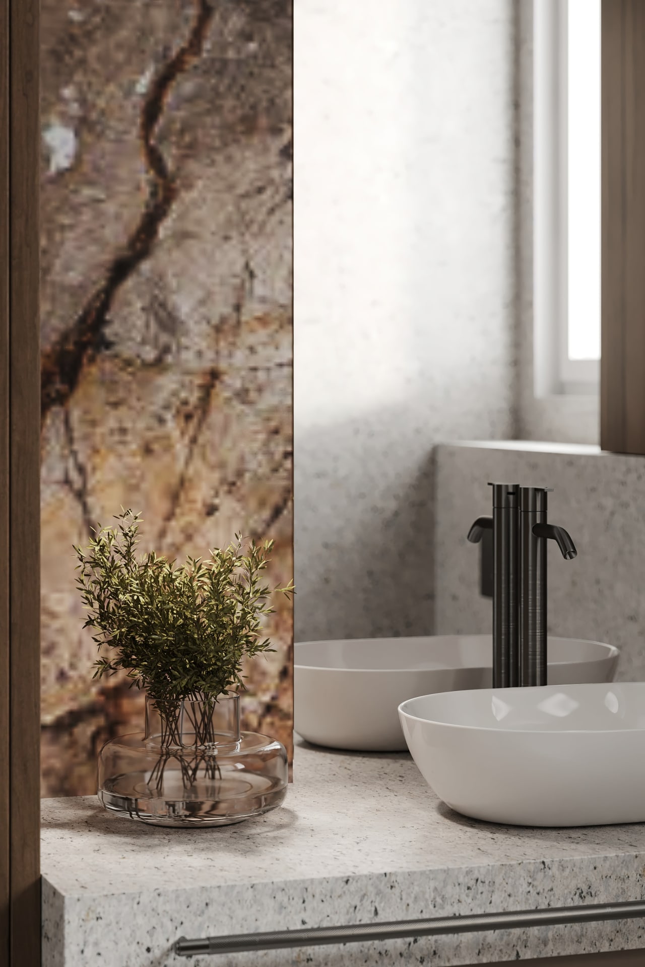 Bathroom vanity with double sinks, textured wall, and greenery in a glass vase.