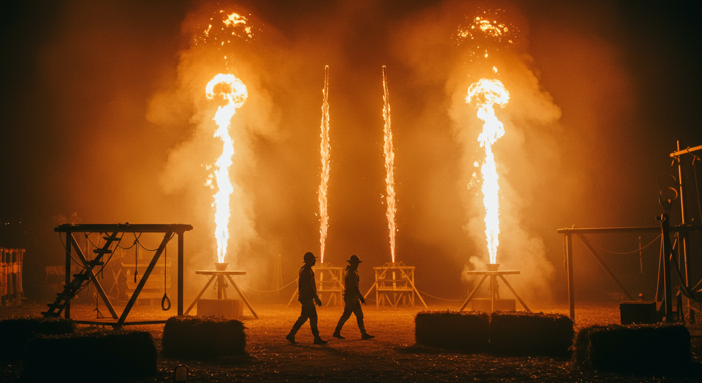 Two people walk in front of a model pirate ship shooting real fire.