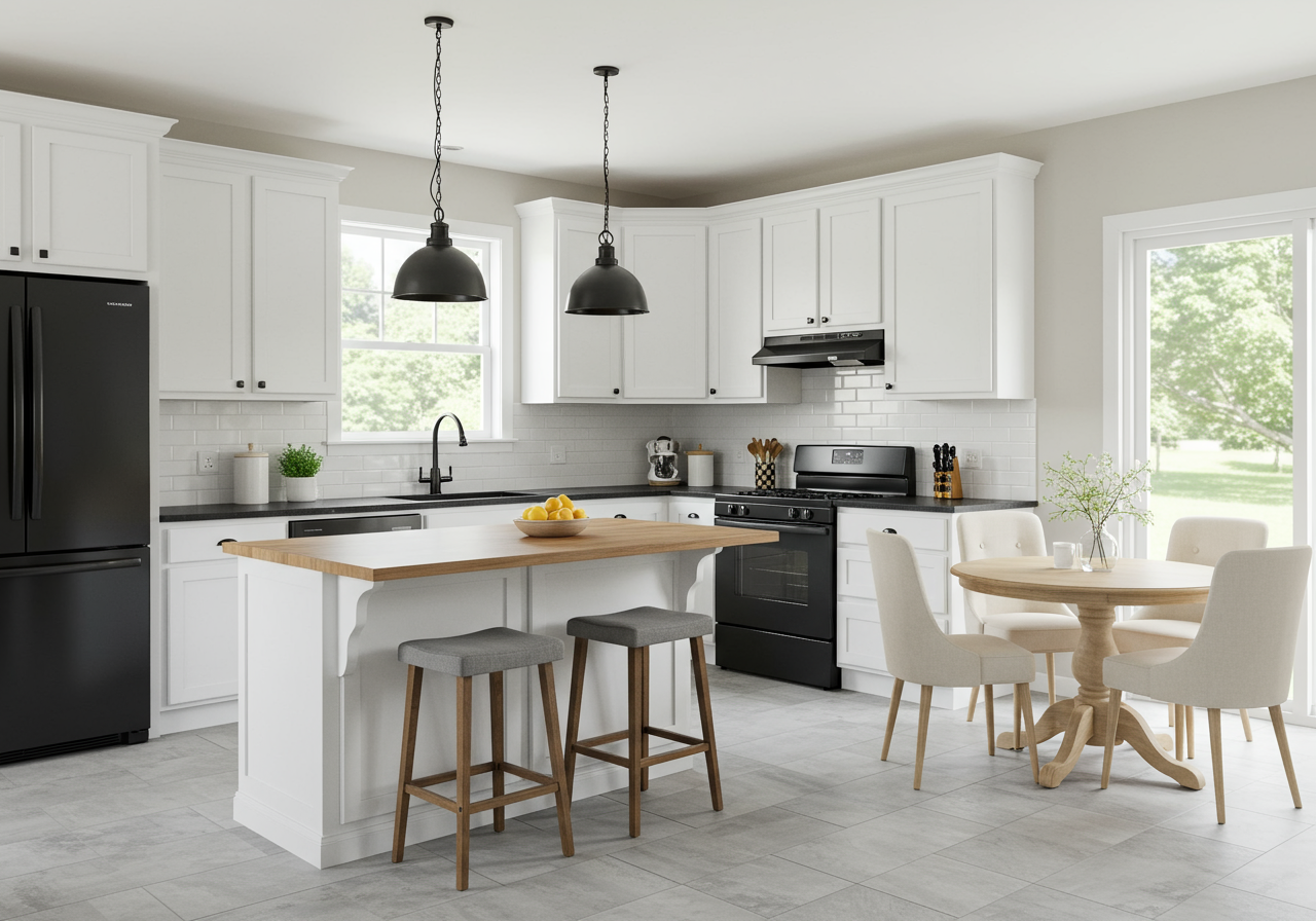 Updated white kitchen with a wood-topped island, dark appliances, and a dining table by large windows.