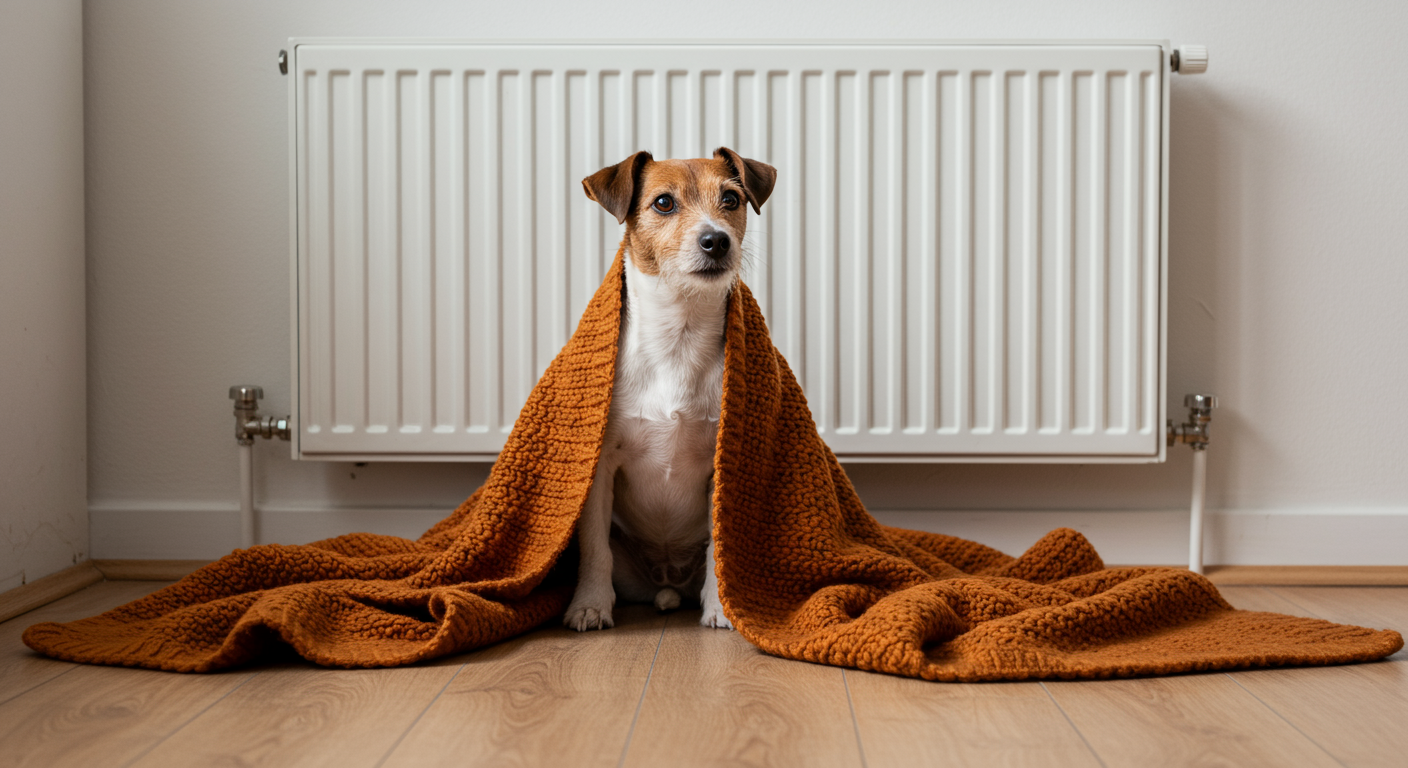Dog freezing at home, sitting near heating radiator