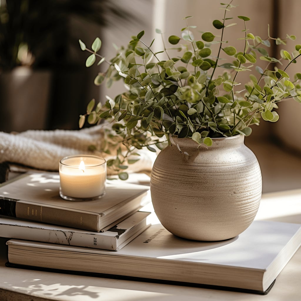 Sunlight dapples a minimalist scene with a ceramic vase, books, and a lit candle.