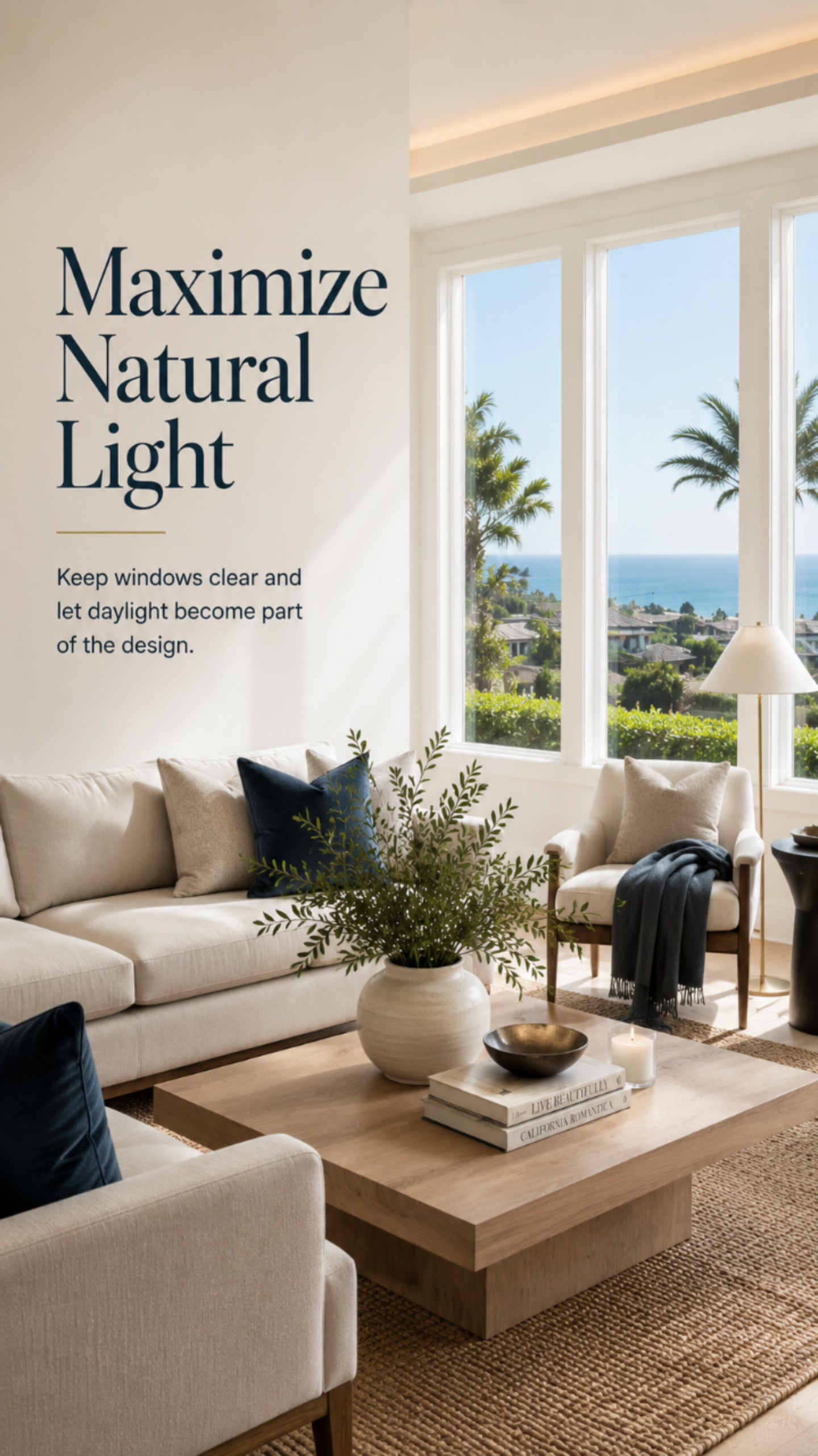 Maximize natural light — clean windows and daylight in a bright coastal living room