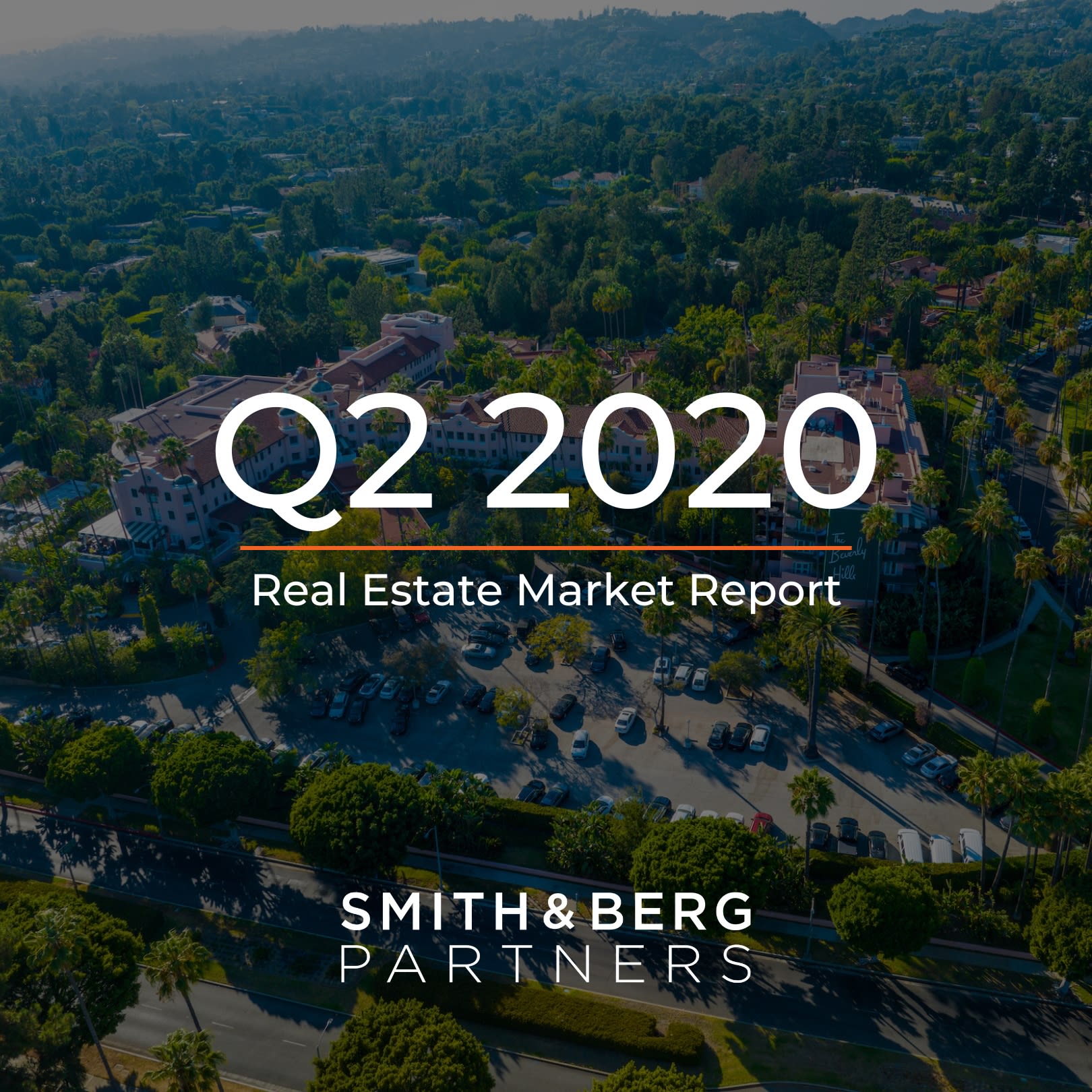 The cover of a "Real Estate Market Report" for "Q2 2020" features an aerial view of a large, traditional hotel or resort complex with multiple buildings, red-tiled roofs, and lush courtyards, surrounded by dense green trees and palm trees.