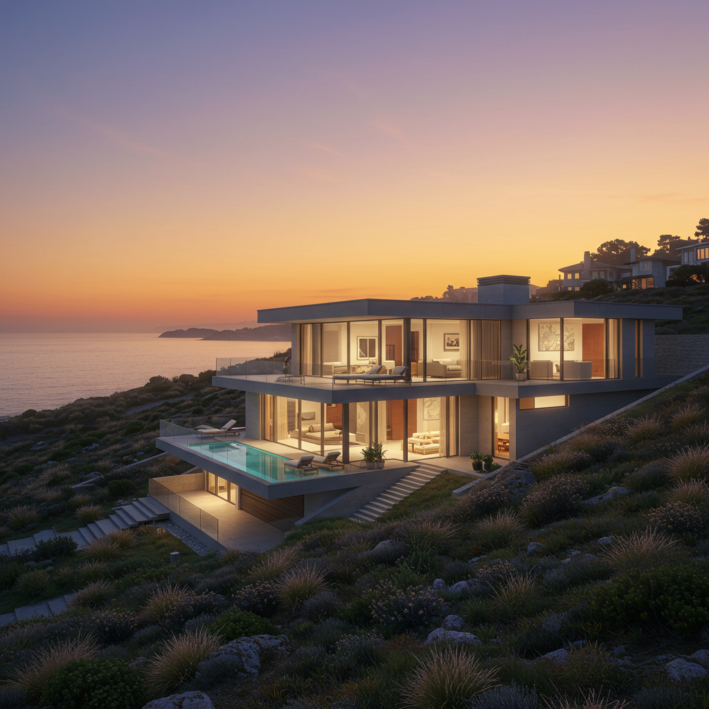Hillside homes and ocean views of Mystic Hills neighborhood, Laguna Beach, California.