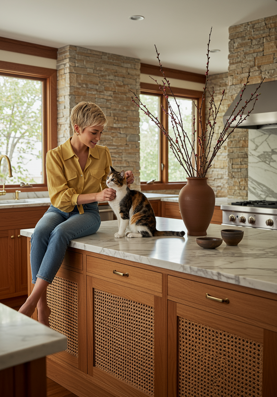 Image may contain Heidi Gardner Indoors Interior Design Person Sitting Clothing Pants Adult Wood Animal and Cat