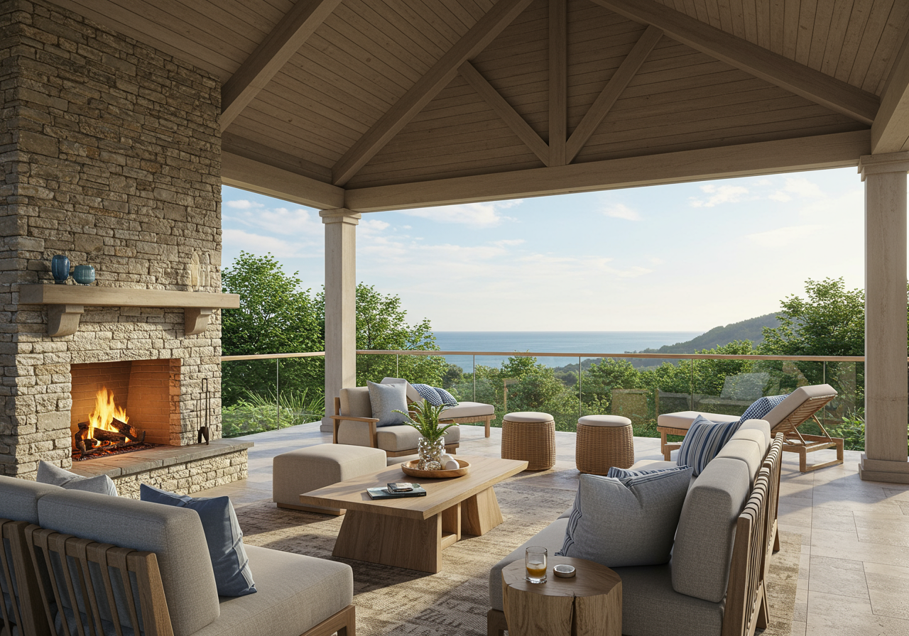 Luxury outdoor living space with ocean views and outdoor fireplace