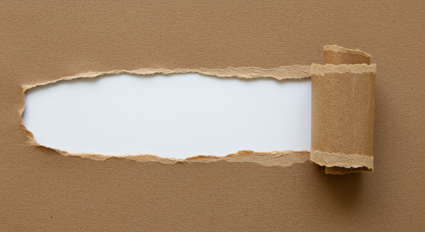 A blank white strip torn across brown kraft paper, with the loose end rolled at right.