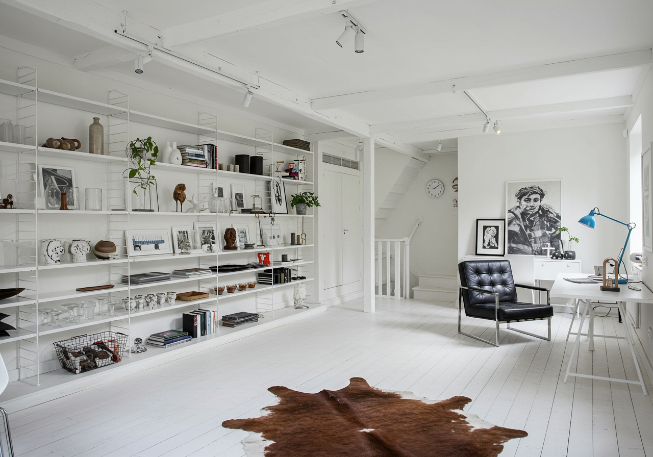 Bright white loft with long display shelves, a black leather chair, and a desk beneath a blue lamp.