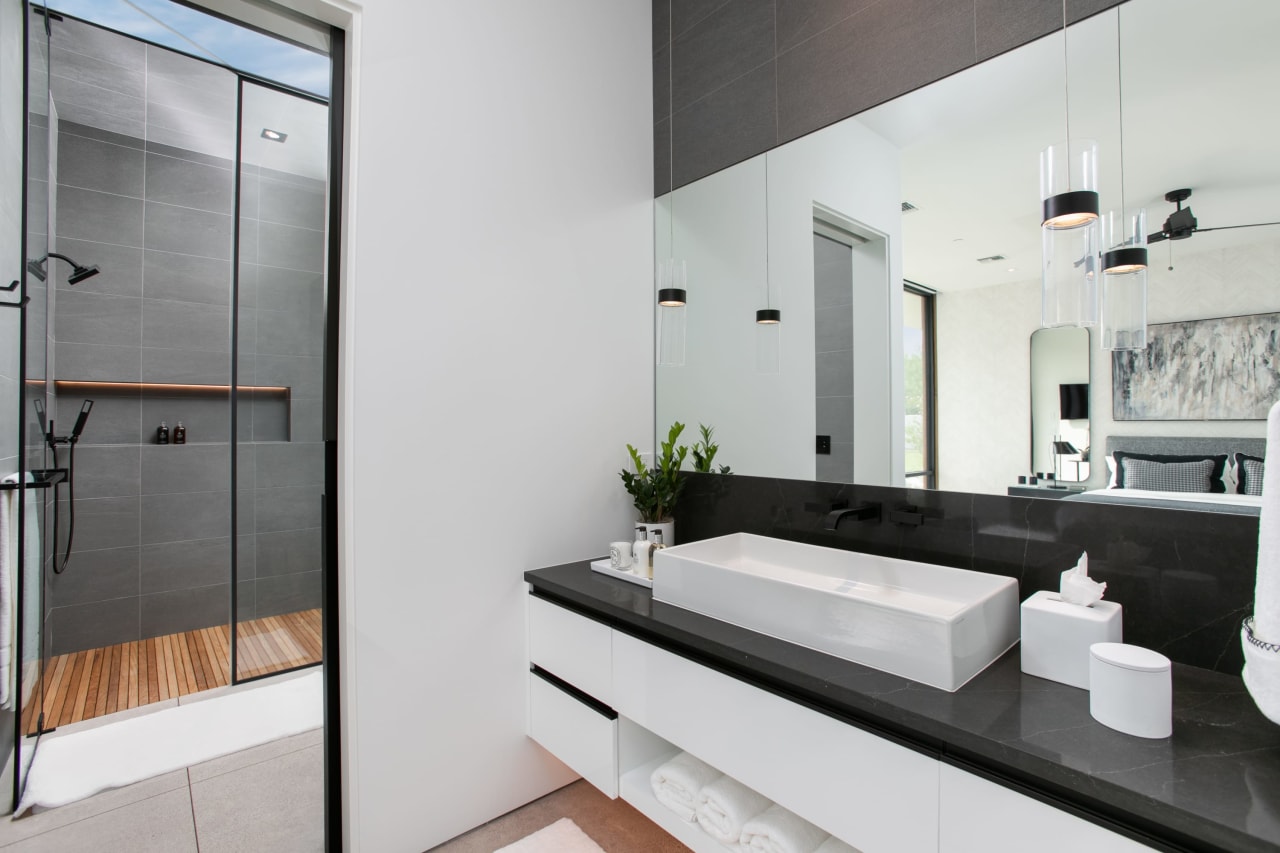 Modern bathroom and shower in luxury home