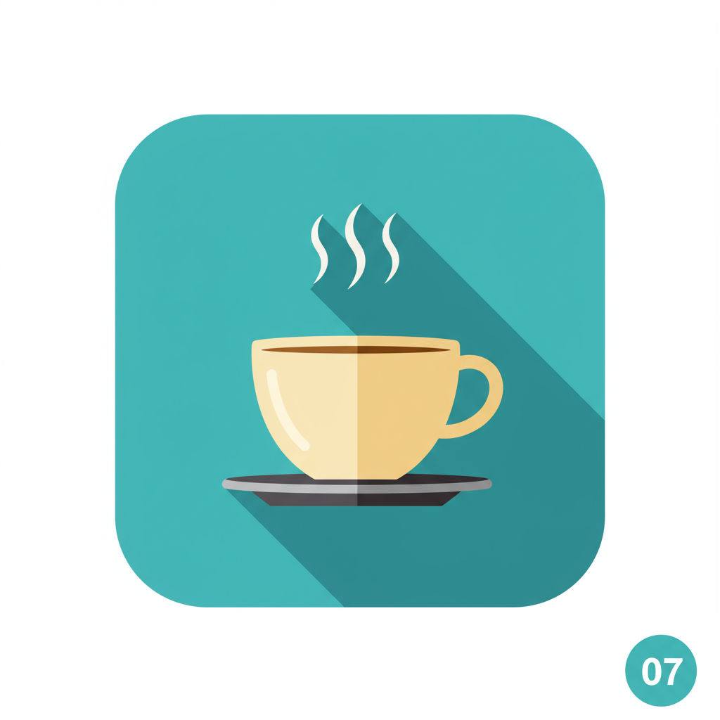 Steaming cup of coffee on a saucer, marked 07.