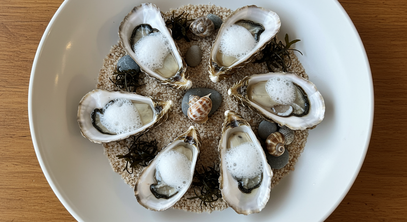 A white plate that's full of oyster shells with a white foam covering them