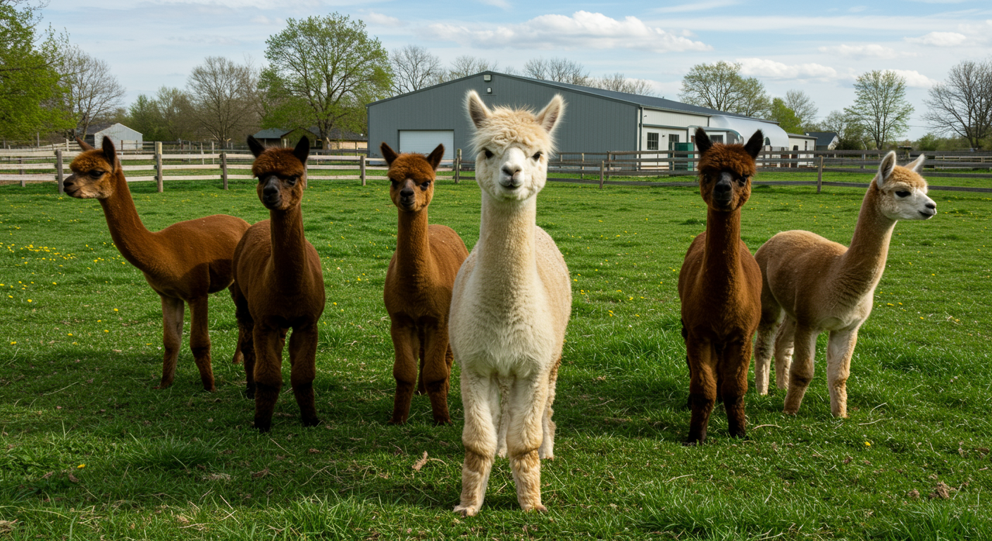 Six alpacas stand in a grassy pasture before a barn and fenced paddocks.