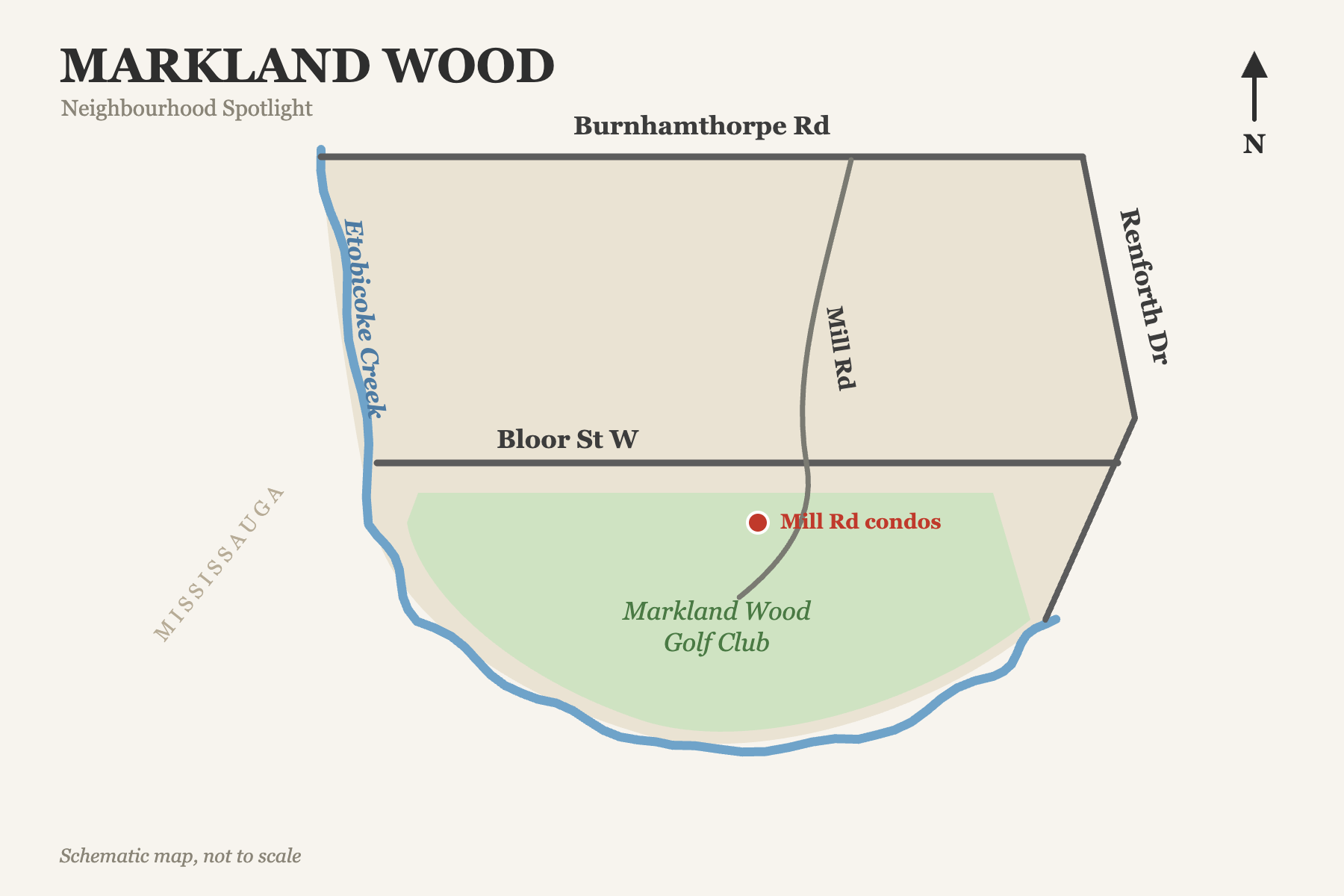Schematic map of the Markland Wood neighbourhood in Etobicoke, bounded by Burnhamthorpe Road, Renforth Drive and Mill Road, and Etobicoke Creek, with the Markland Wood Golf Club to the south