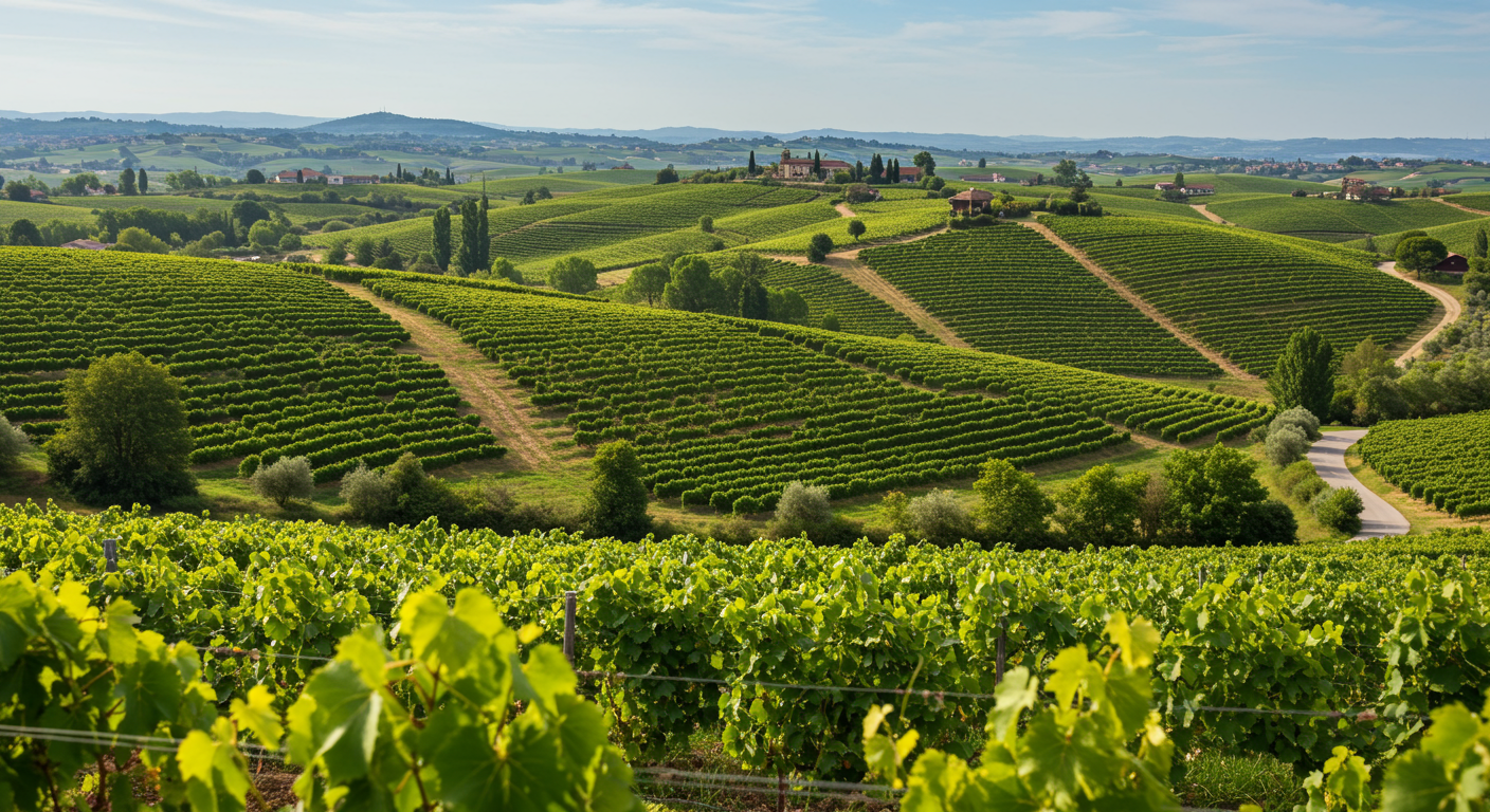 Vineyards cover rolling hills, with winding roads and farm buildings in the distance.