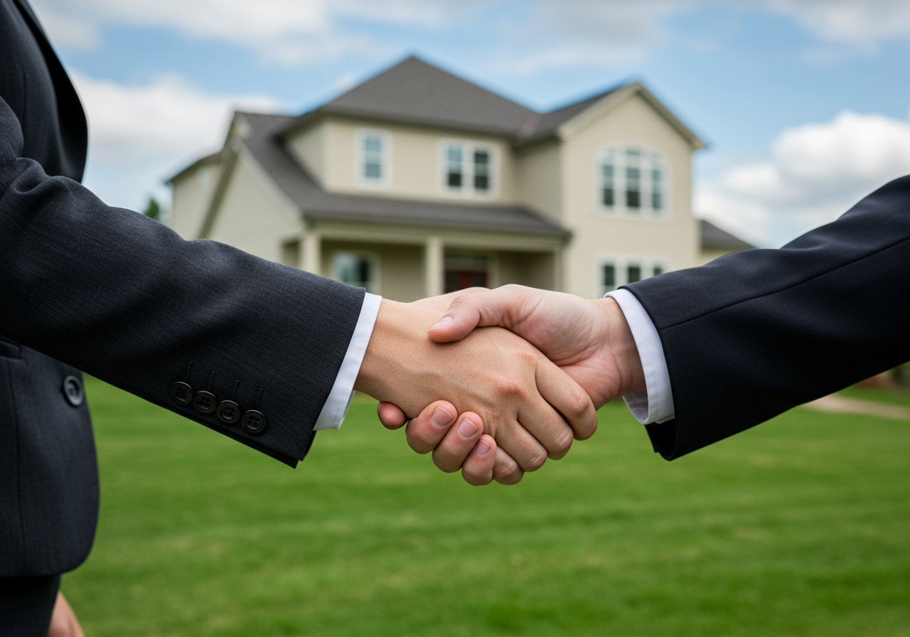 Two people shaking hands with a house in the background.