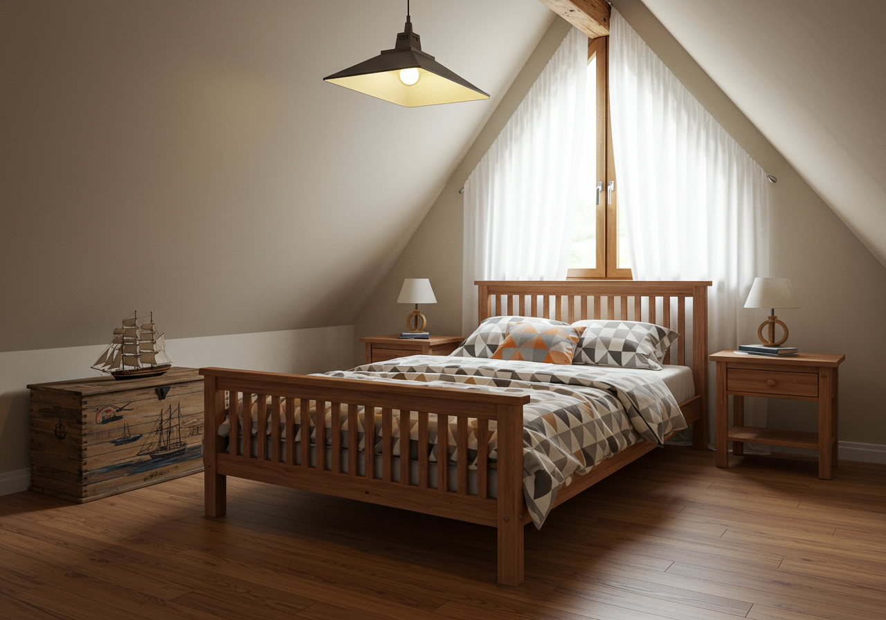 Attic bedroom with a wooden bed, geometric bedding, curtained dormer window, and model ship on a wooden chest.
