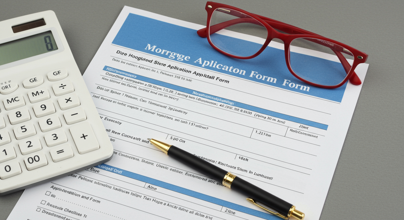 Mortgage application form with a calculator, red eyeglasses, and a black-and-gold pen.