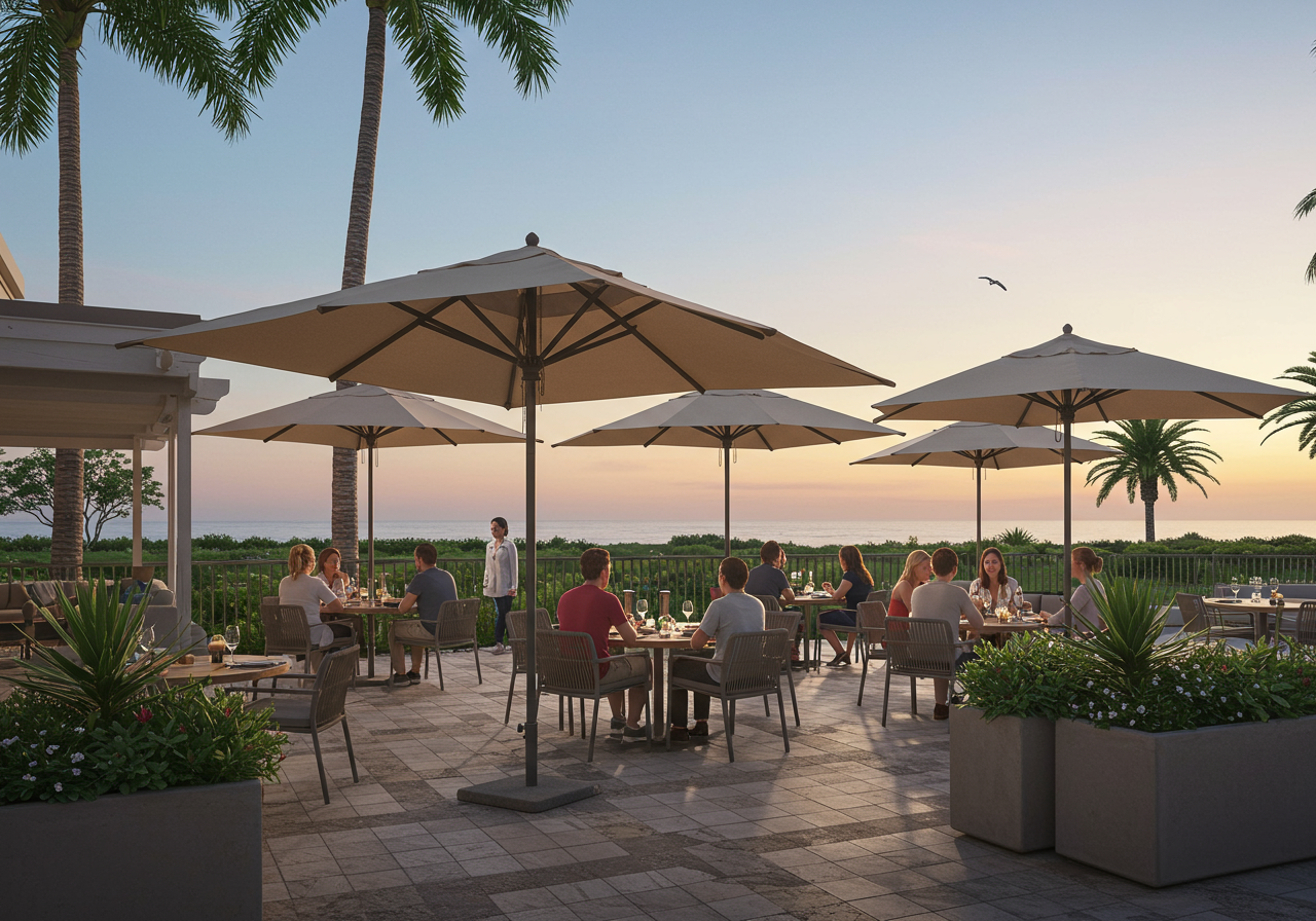 Patrons seated for oceanfront outdoor dining at ECHO restaurant on St. Simons Island, GA