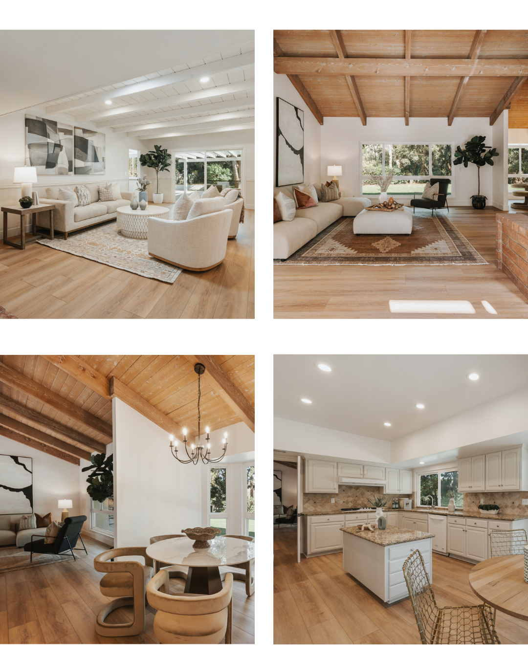 Staged home interiors with open living and dining areas, exposed wood beams, and a bright kitchen.