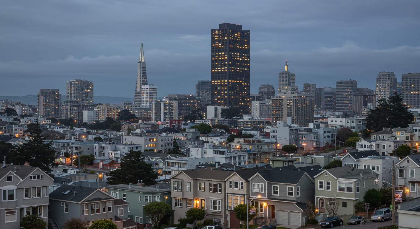 San Francisco at dusk, with hillside homes in the foreground and downtown towers lit in the distance.