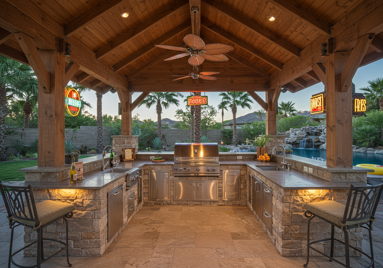 Outdoor covered bar at 1337 Skyros Way with ceiling fan and full kitchen with built-in BBQ