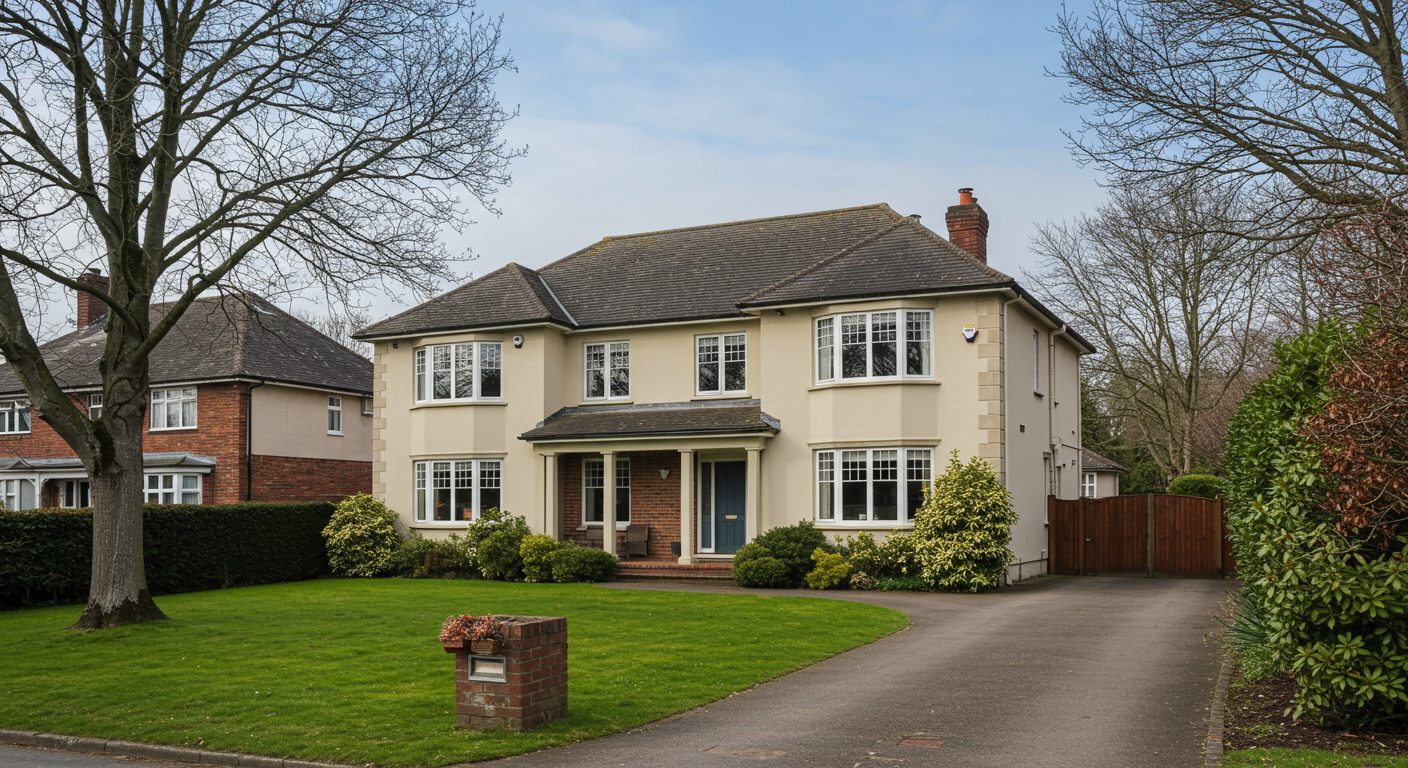 Cream two-story house with a curved driveway, broad lawn, and mature leafless trees.