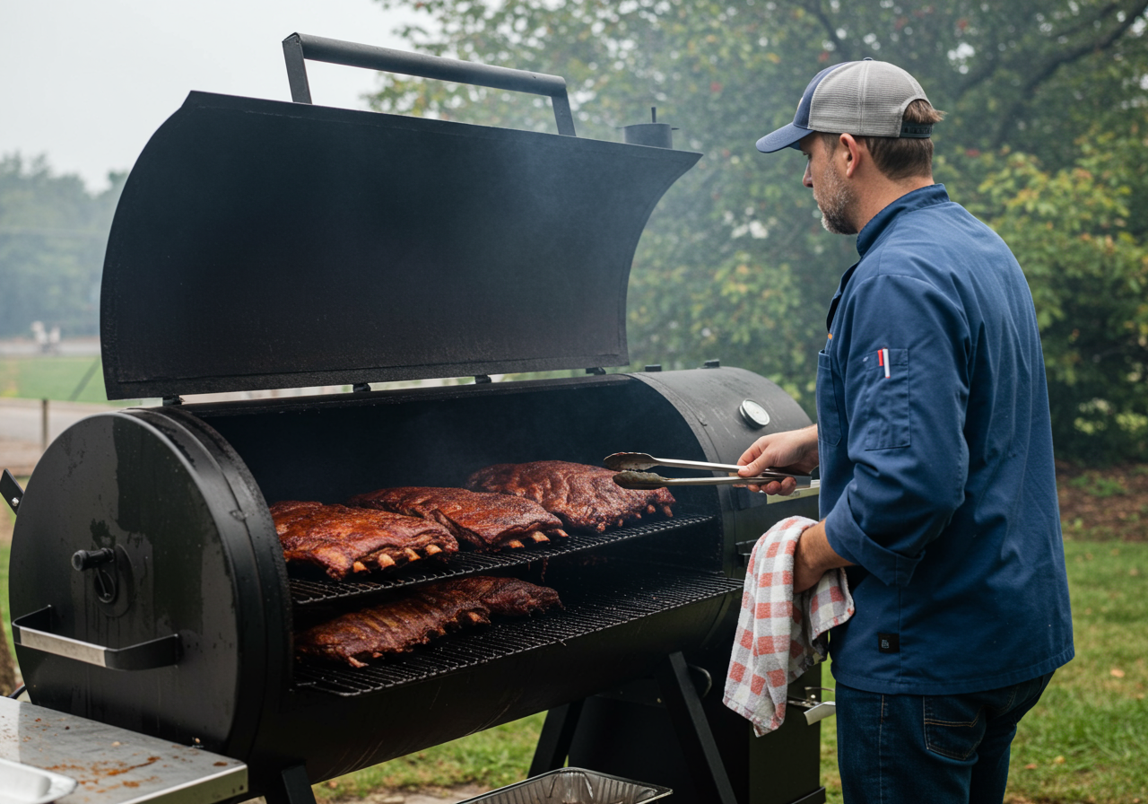 Ribs cooking on a large outdoor grill