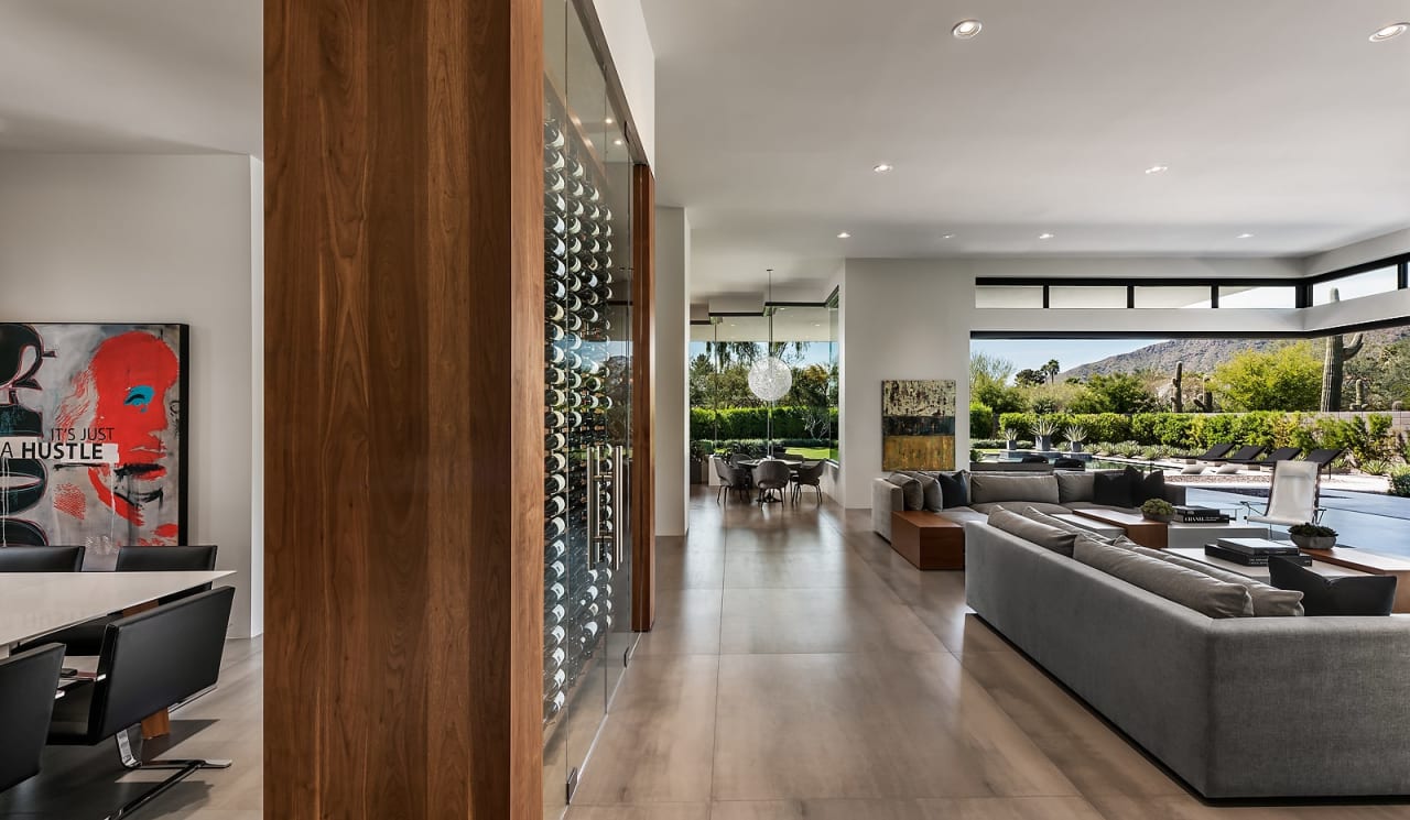 Wine rack in living room of luxury modern home