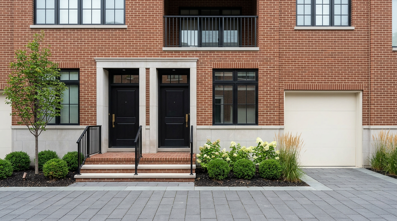 Brick townhome-style residences in Carmel with black entry doors and limestone detailing