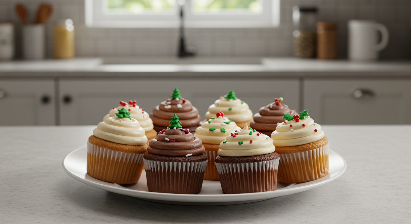 Christmas-themed vanilla and chocolate cupcakes topped with frosting, sprinkles, and tiny green trees.