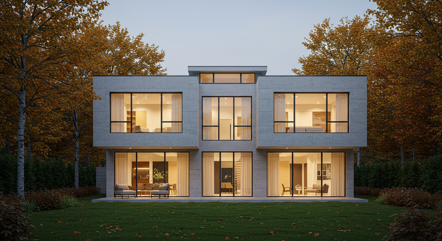 A modern house with floor-to-ceiling windows and a pool.