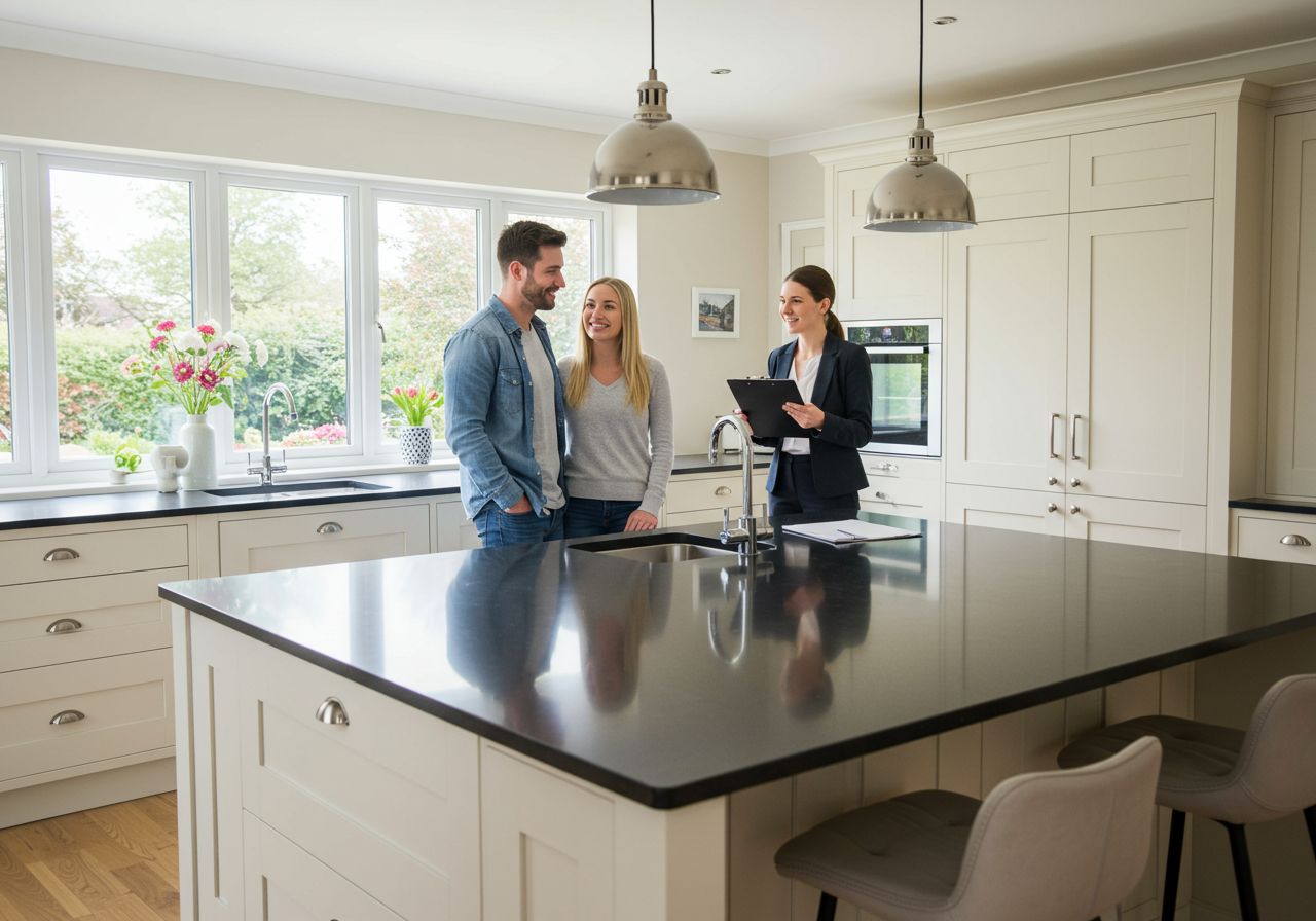 Female Realtor Showing Couple Interested In Buying Around House