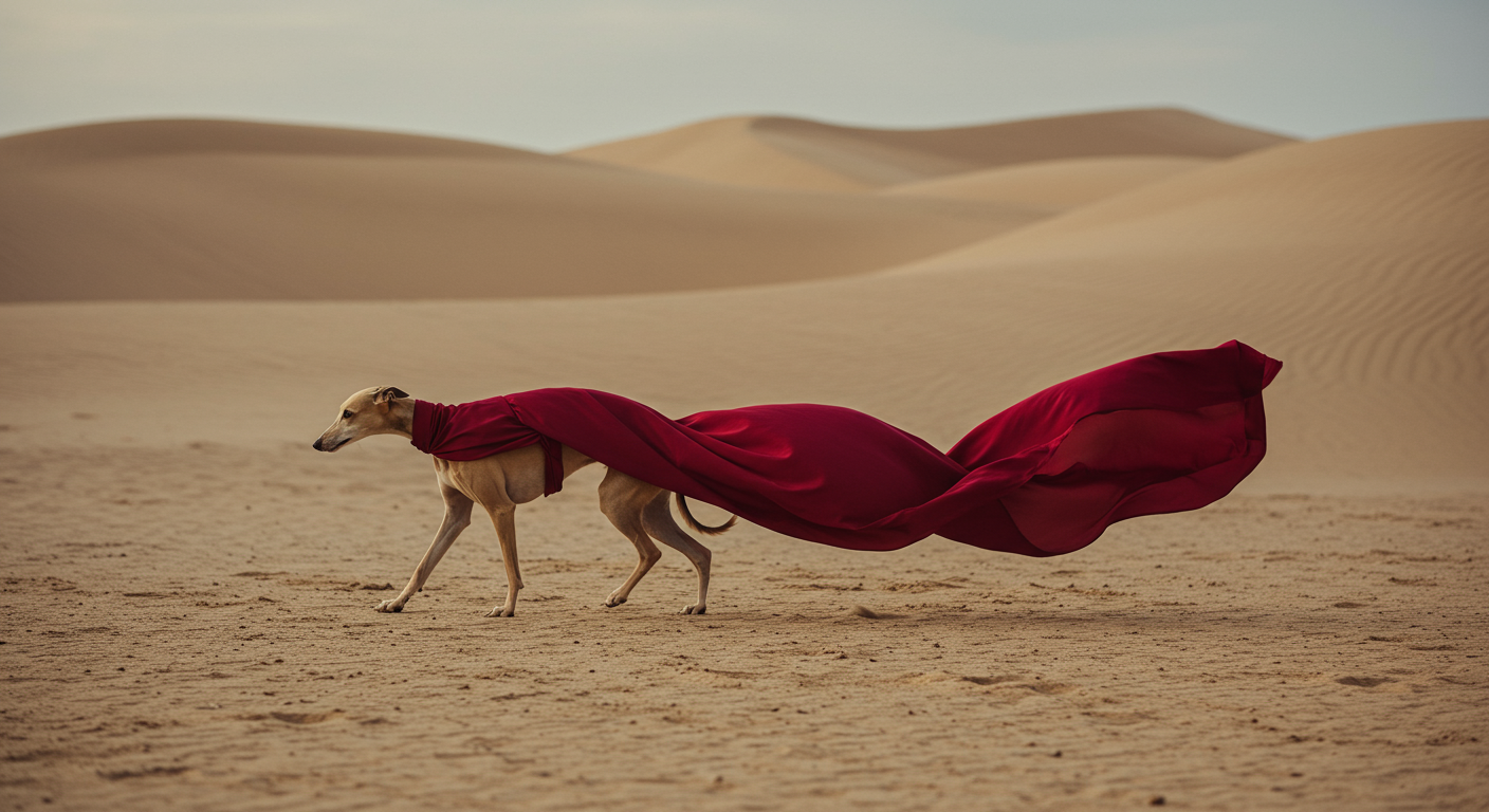 A whippet dog wearing a long soft red cap trotting gracefully in a desert.