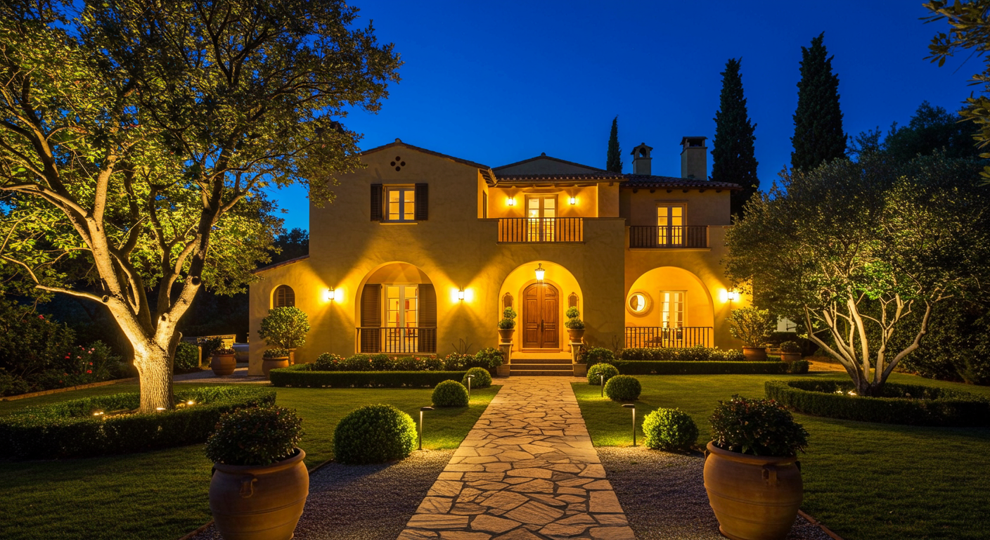 Illuminated two-story stucco house with arched entryways and a landscaped stone path at night.