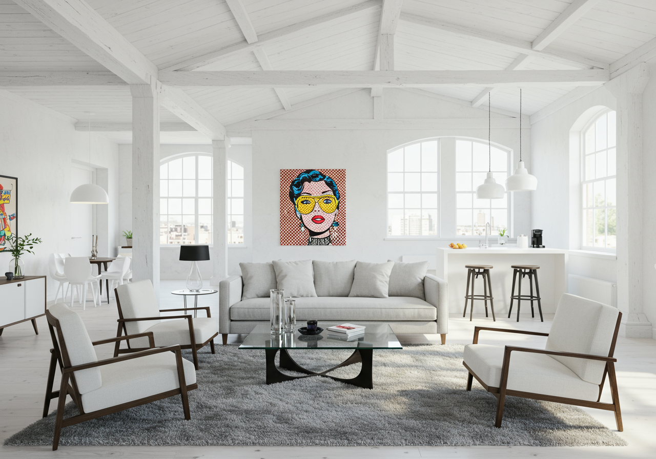 Furnished condo living room with a vaulted beam ceiling, arched windows, and colorful pop-art portrait.
