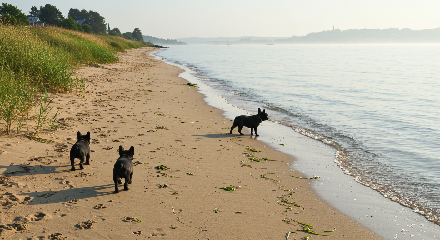 two french bulldogs on the beach in kauai