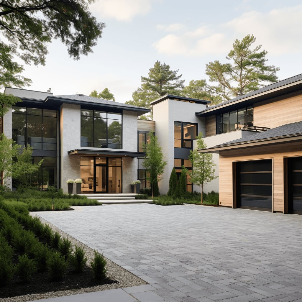 A modern two-story house with a gray stone facade and large windows