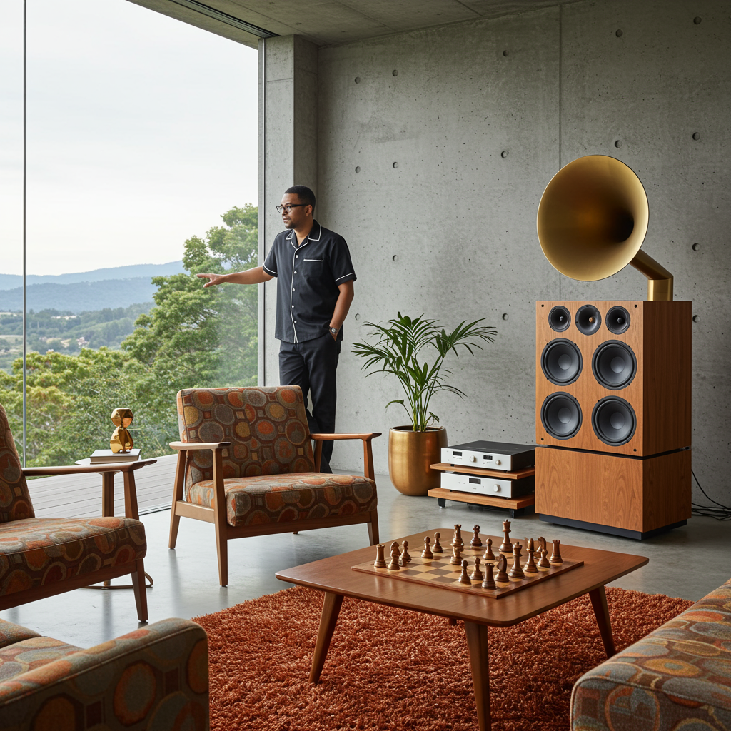 Diplo, wearing a Brunello Cucinelli shirt, trousers, and shoes and Jacques Marie Mage glasses, in his library with 1950s French armchairs in a Glant fabric and a speaker sculpture by Lucas Muñoz Muñoz. Fashion Styling by Van Van Alonso. 