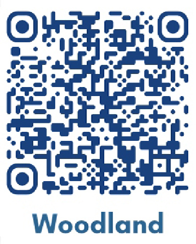 A blue QR code with the word "Woodland" below it.