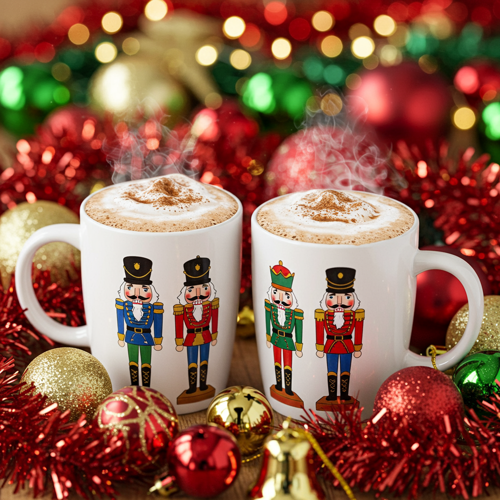 Two steaming nutcracker mugs topped with cinnamon, surrounded by colorful Christmas ornaments.