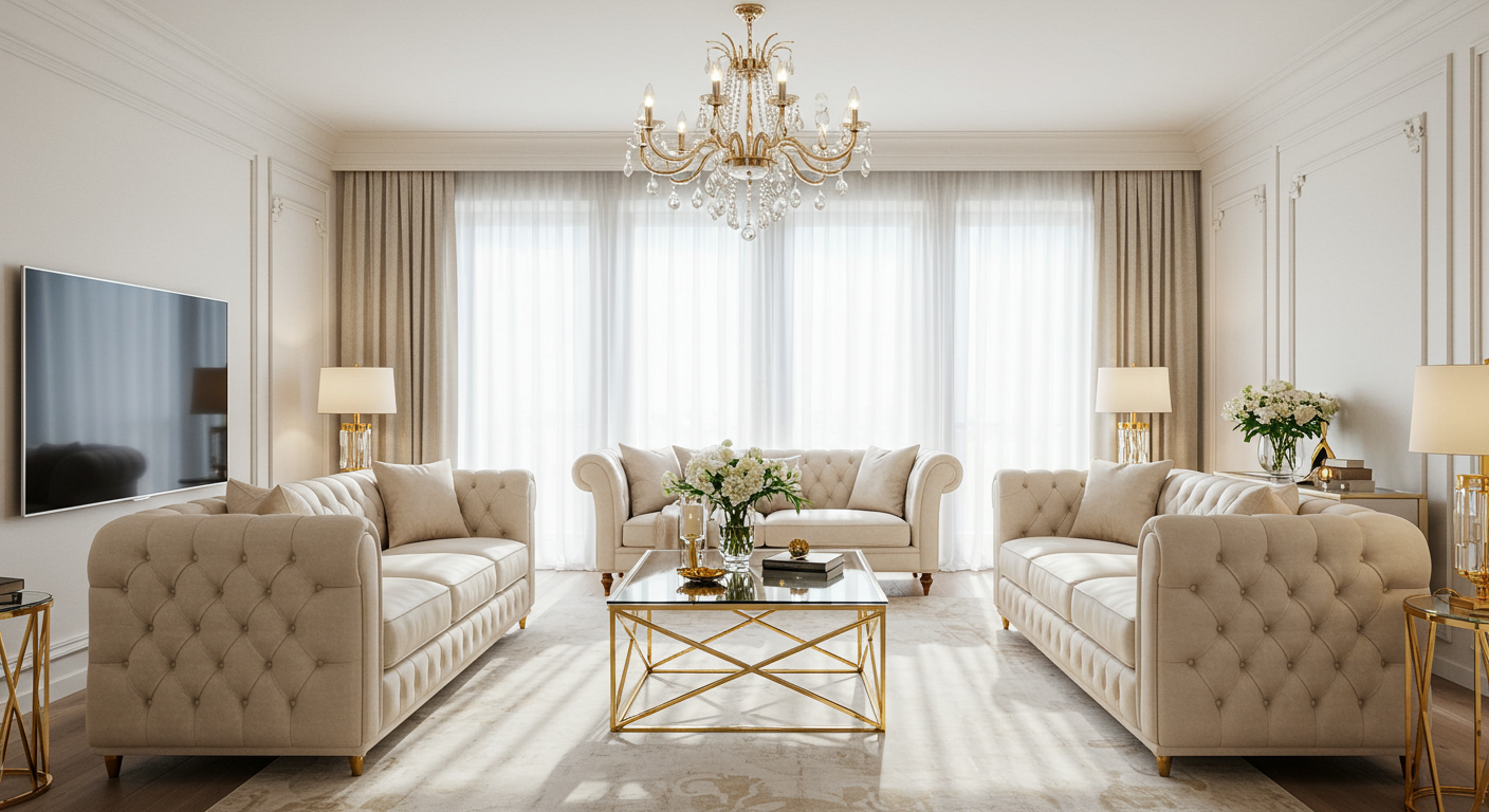 Luxurious living room with white sofas, tufted chaise lounge, chandelier, gold-accented furniture, and large windows.