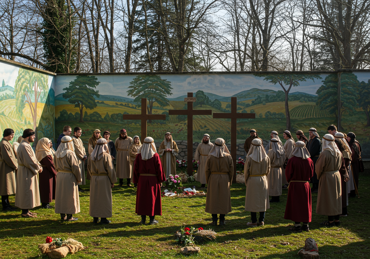 People in biblical robes gather around three crosses during an outdoor Easter reenactment.